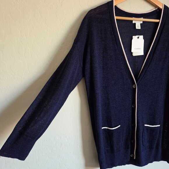 Caslon Linen Blend Button Up V-Neck Cardigan Navy Size Large Nautical Preppy NEW - Picture 5 of 10